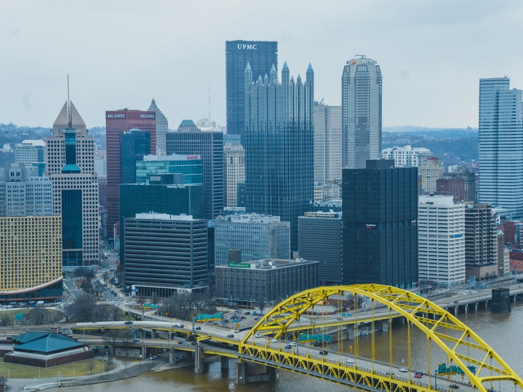 Pittsburgh skyline with the Fort Pitt Bridge over the Monongahela River